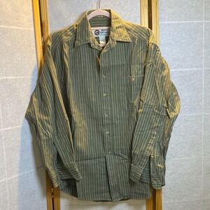 VTG Basic Options Mens Medium Green Pinstripe Herringbone Cotton Button Up Shirt